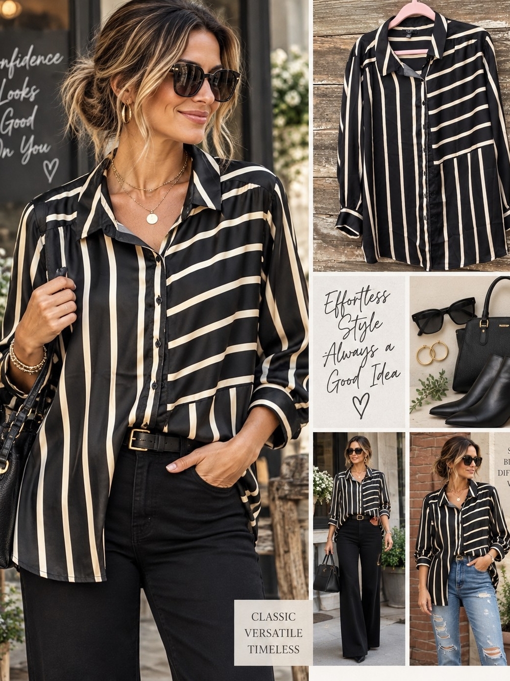 Haver Women’s 2X Black Ivory Striped Button Front Blouse Long Sleeve